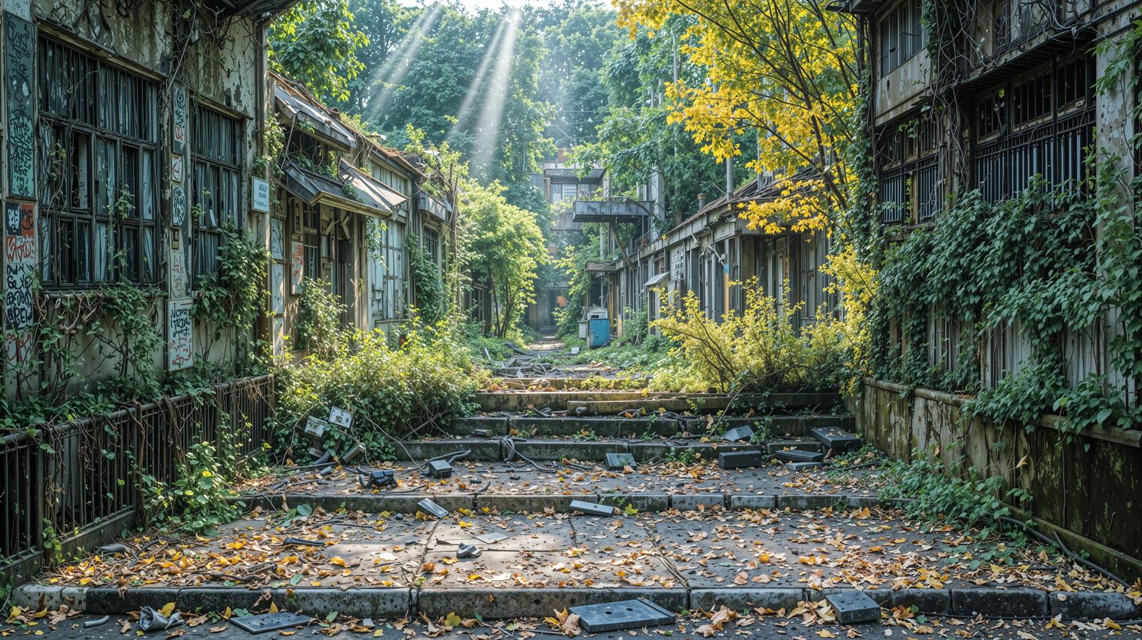 太陽が照らす古い石造アーチ橋の遺構と周囲の緑