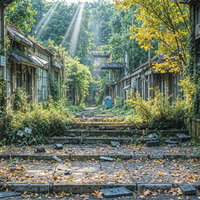 太陽の光が差し込む石造アーチの遺構と苔むした古い建築の写真