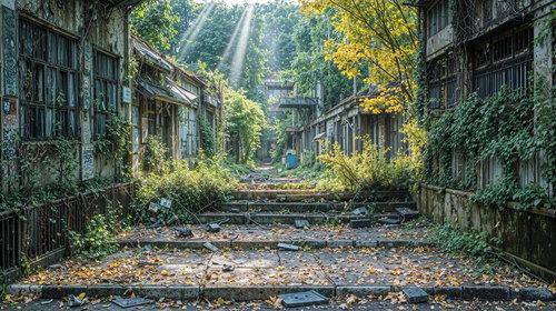 太陽の光が差し込む石造アーチの遺構と苔むした古い建築