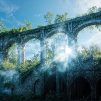 朽ちた建物の窓から望む高層ビルが立ち並ぶ都市風景の写真