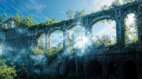 朽ちた建物の窓から望む高層ビルが立ち並ぶ都市風景