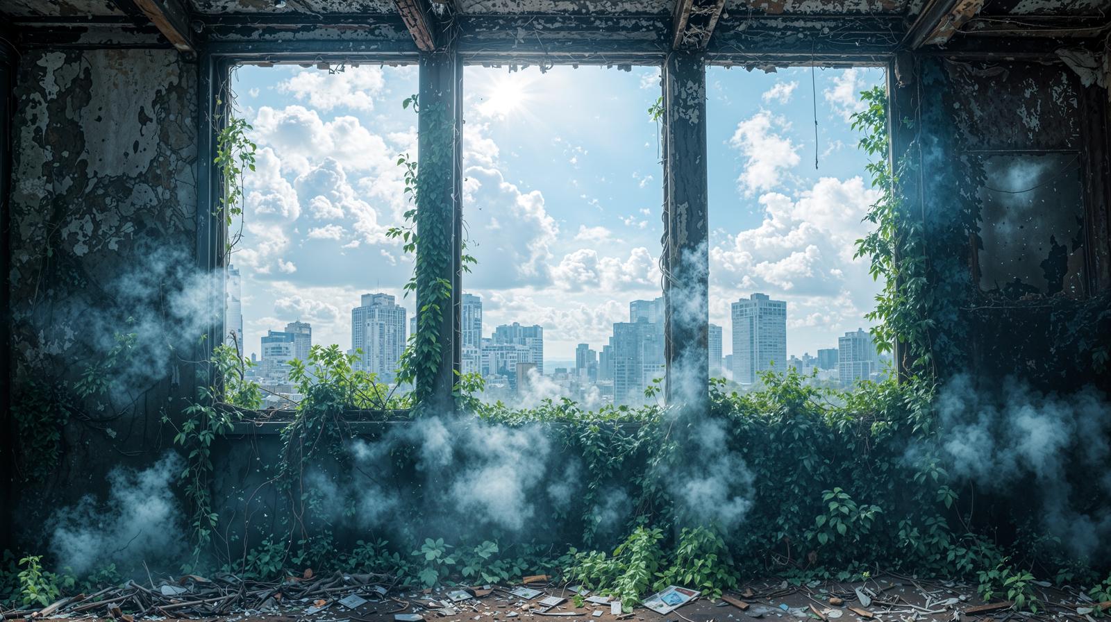 廃墟となった建物の内部から、高層ビル群と川の風景を望む