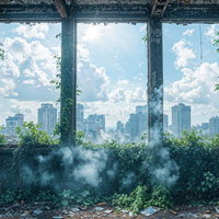 廃墟の窓から望む都市と水辺の景色、高層ビル群と川の写真