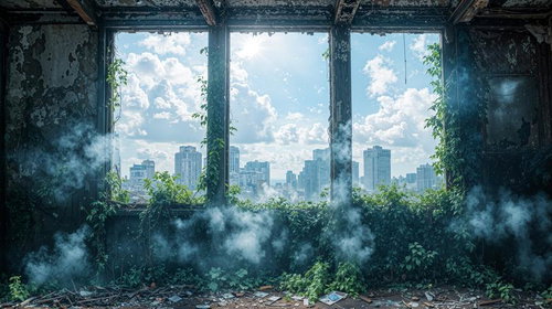 廃墟の窓から望む都市と水辺の景色、高層ビル群と川