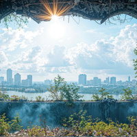 朽ちた窓枠越しに広がる緑と都市のコントラスト風景の写真