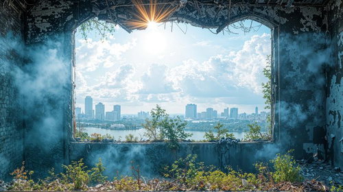 朽ちた窓枠越しに広がる緑と都市のコントラスト風景