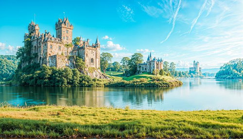 湖面に映り込む石造りの古城と城塞