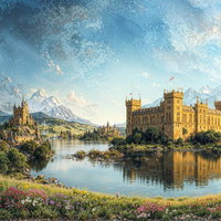 雄大な山々を背景に湖畔にそびえる中世古城と色とりどりの花畑のAI画像