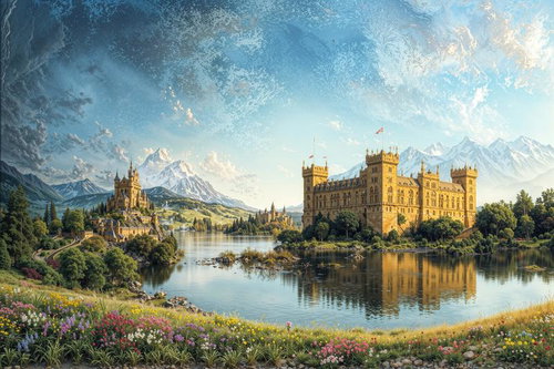 雄大な山々を背景に湖畔にそびえる中世古城と色とりどりの花畑