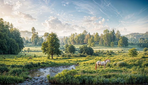 小川のほとりで草を食む白馬と牧草地