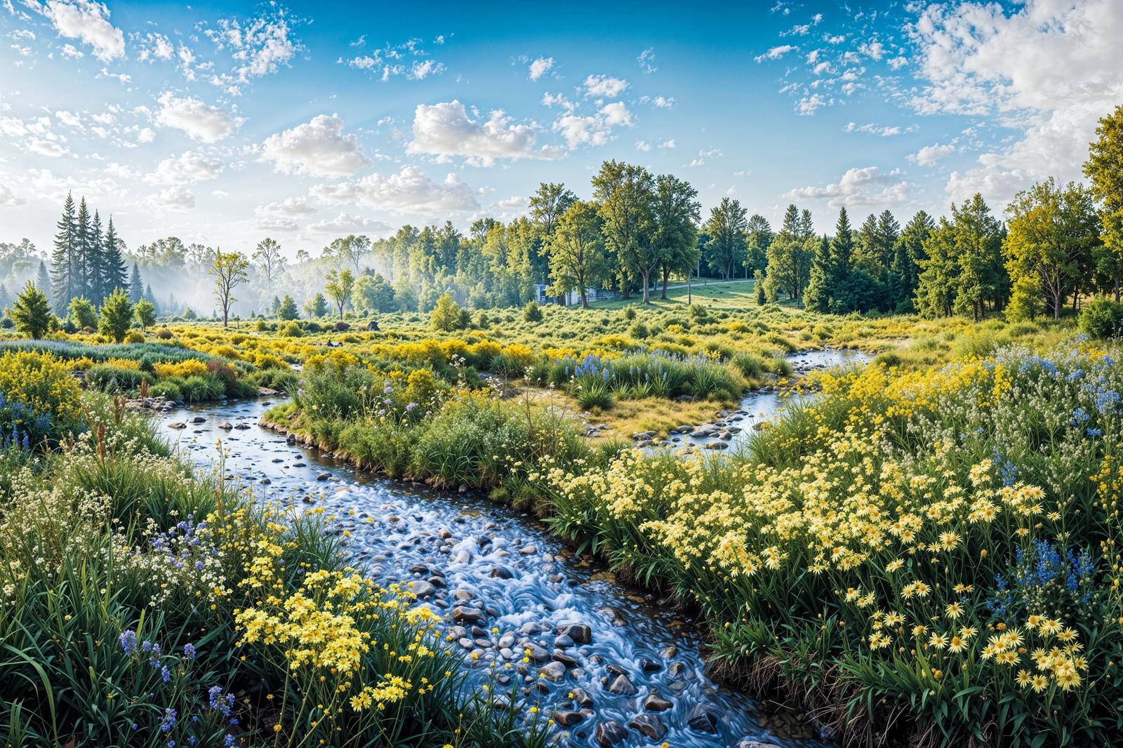 Countryside landscape with a clear stream and yellow wildflowers along the banks, surrounded by a green forest