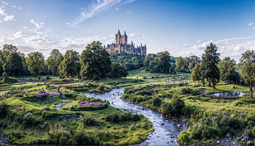 丘の上の古城と小川が流れる緑の牧草地