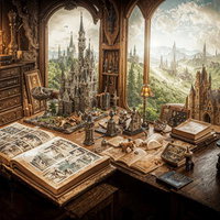 古書と城の見える書斎のファンタジー空間の写真