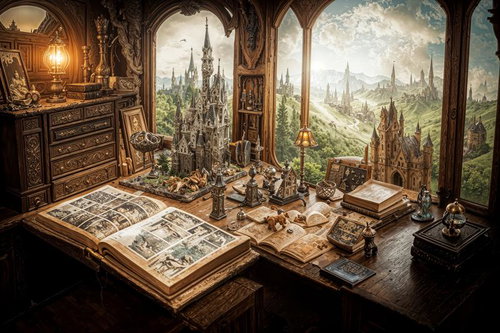 古書と城の見える書斎のファンタジー空間