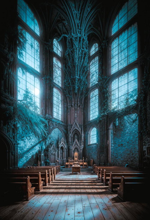 天井高く荘厳に広がる青の祈りの空間