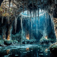 石灰岩の岩壁から垂れ下がる鍾乳石と清流が流れる鍾乳洞の写真