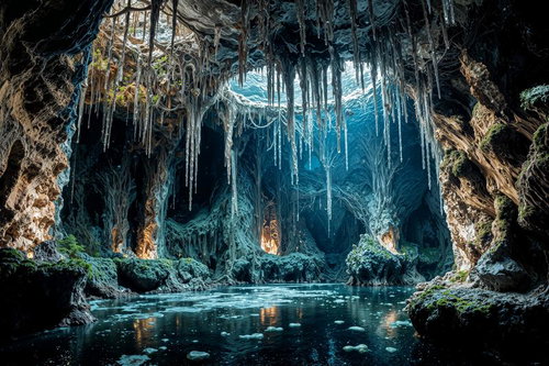 石灰岩の岩壁から垂れ下がる鍾乳石と清流が流れる鍾乳洞