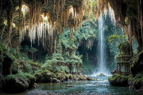 鍾乳石の森と流れ落ちる滝