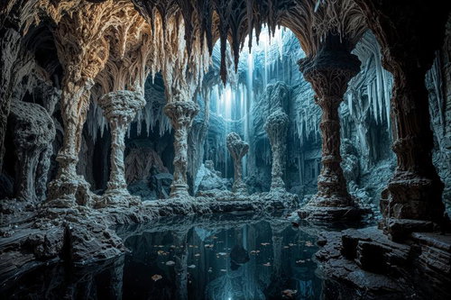 氷柱と鍾乳石が並ぶ青い光の地下洞窟