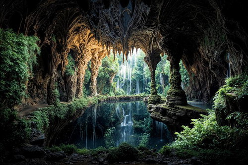 地下に広がるエメラルドグリーンの洞窟