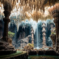 巨大石柱と鍾乳石が連なる地下空間の神聖なる秘境の写真