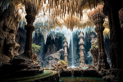 巨大石柱と鍾乳石が連なる地下空間の神聖なる秘境