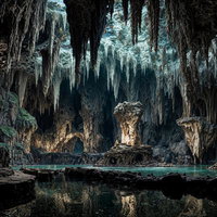 青緑の地底湖と鍾乳石が作る幻想空間の写真