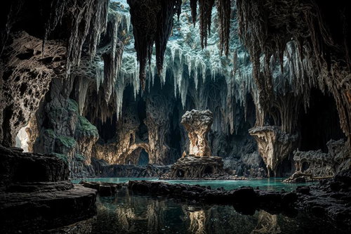 青緑の地底湖と鍾乳石が作る幻想空間