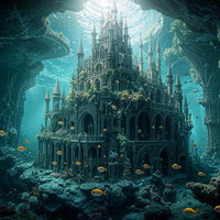 青い海底光に照らされた石造り古城の写真