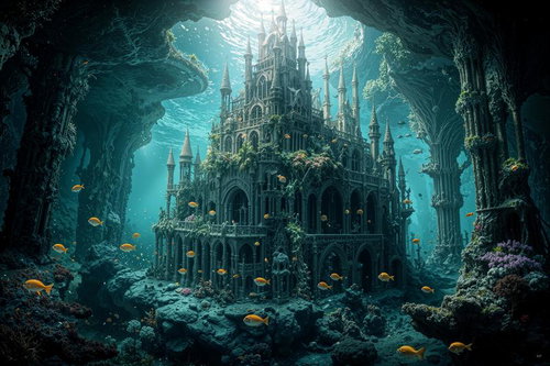 青い海底光に照らされた石造り古城