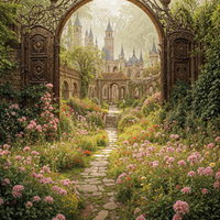 中世風建築を望む薔薇咲く庭園入口の写真
