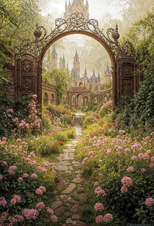 中世風建築を望む薔薇咲く庭園入口