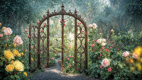 薔薇に囲まれた鉄製ゲート