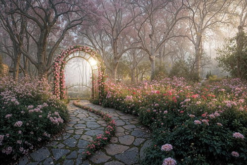 朝霧に包まれたピンクのバラのアーチと石畳の散策路