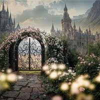 花の庭園に建つ石門と霞む城の写真