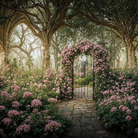 石畳の小径とピンクの花アーチが続く緑陰のガーデンゲートの写真