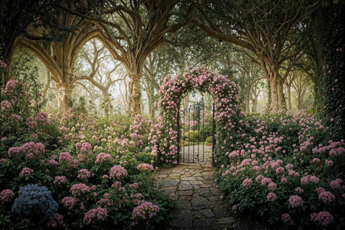石畳の小径とピンクの花アーチが続く緑陰のガーデンゲート