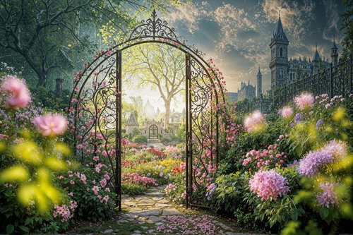 花咲くアイアンゲートと古城のファンタジー庭園