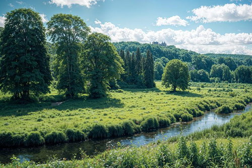 緑の牧草地を蛇行する小川と森林の田園風景