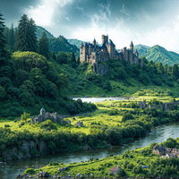 深緑の森に囲まれた古城と蛇行する川の俯瞰風景の写真