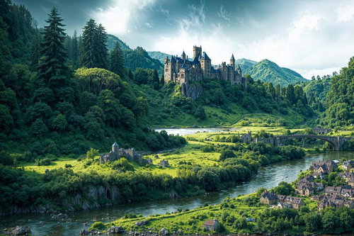 深緑の森に囲まれた古城と蛇行する川の俯瞰風景