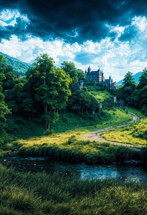 青空と白い雲に映える山間の古城と緑豊かな風景