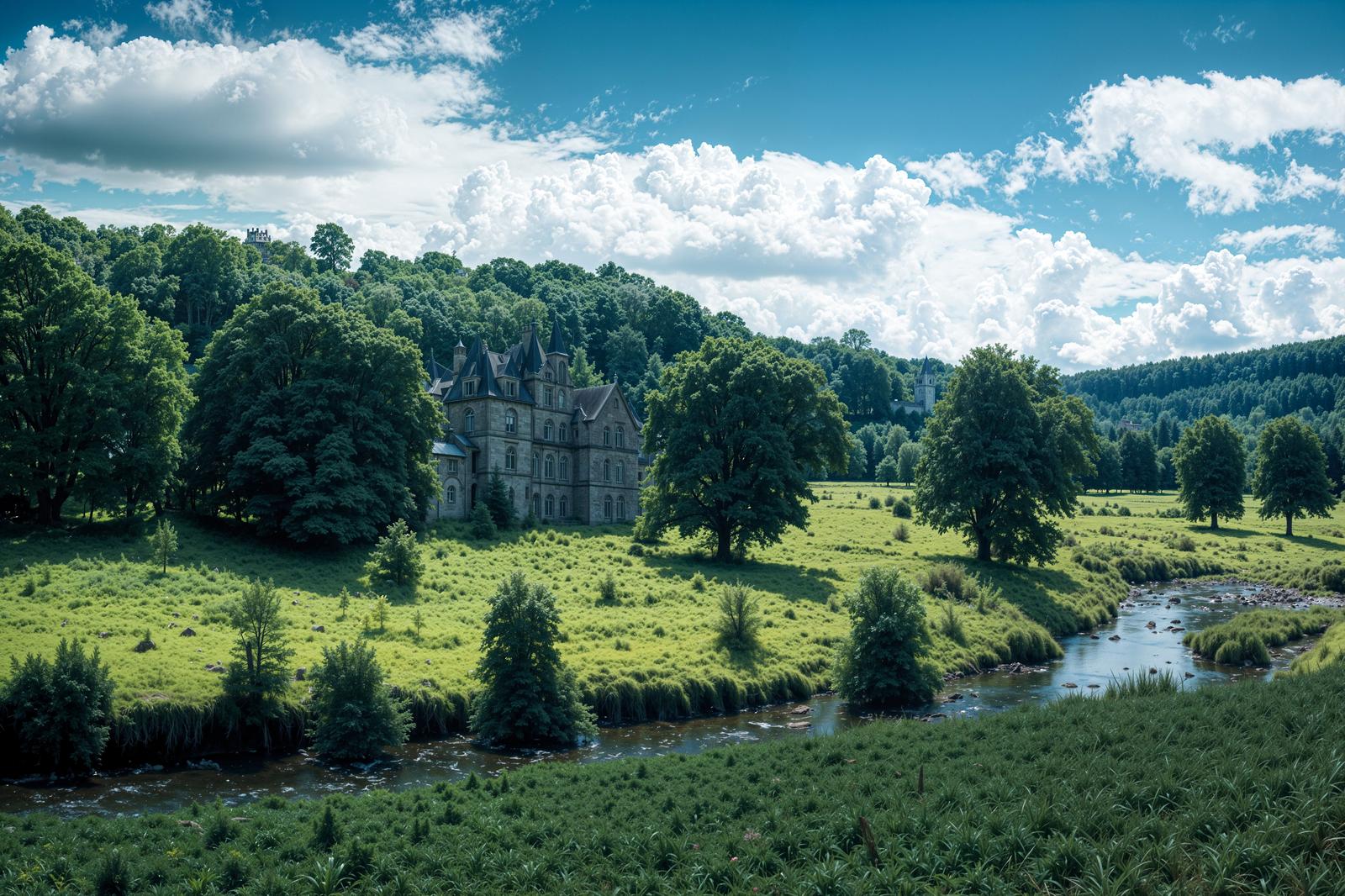 Pastoral landscape with verdant hills, a castle-like building, and a winding stream