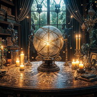天球儀と蝋燭が並ぶ占いの書斎の写真