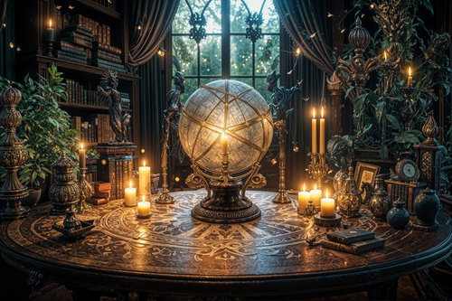 天球儀と魔法陣が置かれた中世風の書斎