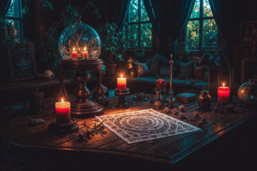 真鍮製の燭台とガラス球体が配置された薄暗いスピリチュアル空間の占い師の部屋