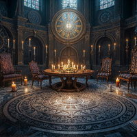 ゴシック建築の教会内に設置された魔法陣とキャンドルのAI画像