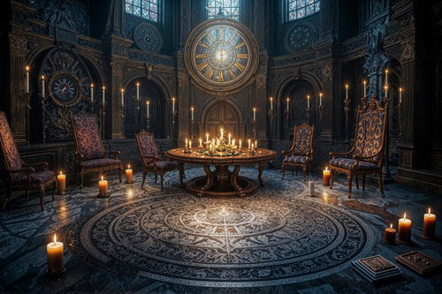 キャンドルライトに照らされた古城の円卓会議場