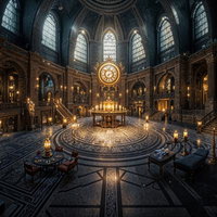 石造りの円形図書館でキャンドルが灯る荘厳なホールの写真