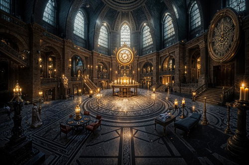 石造りの円形図書館でキャンドルが灯る荘厳なホール